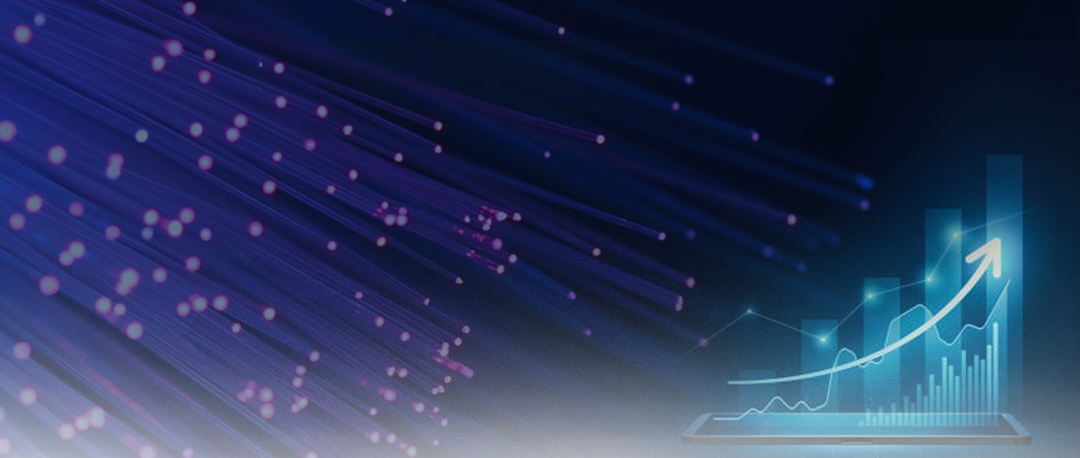 Photographic illustration of fiber optic cables and a business chart indicating an increase.